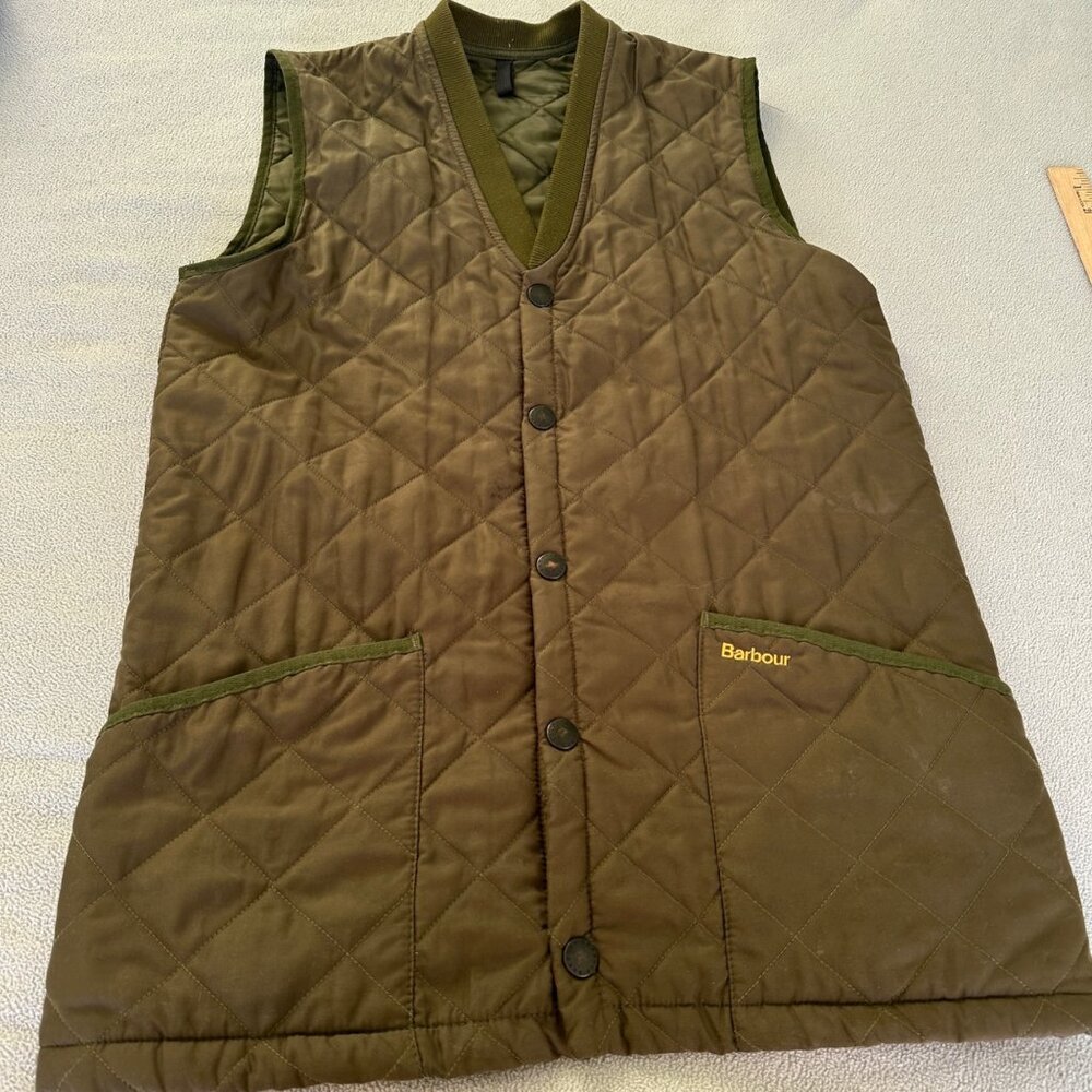 Barbour Quilted Vest Mens Small Eskdale Waistcoat Snap Long‎ Green Made England